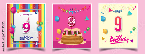 Vector Sets of 9th Years Birthday invitation, greeting card Design, with confetti and balloons, birthday cake, Colorful Vector template Elements for your Birthday Celebration Party.