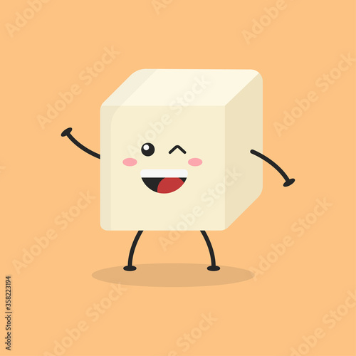 Cute Flat Cartoon Tofu Illustration. Vector illustration of cute tofu with a smiling expression. Cute tofu mascot design