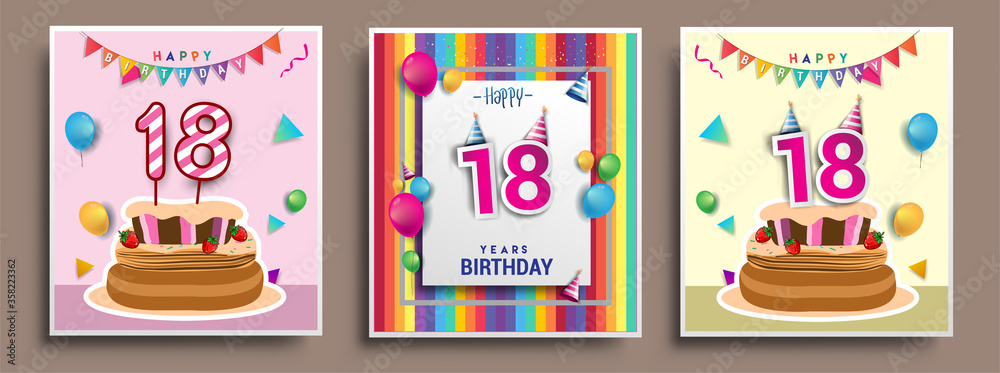 Vector Sets of 18th Years Birthday invitation, greeting card Design, with confetti and balloons, birthday cake, Colorful Vector template Elements for your Birthday Celebration Party.