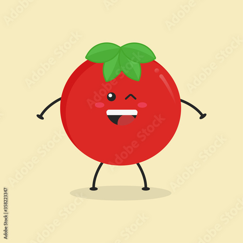 Cute Flat Cartoon Tomato Illustration. Vector illustration of cute tomato with a smiling expression. Cute tomato mascot design