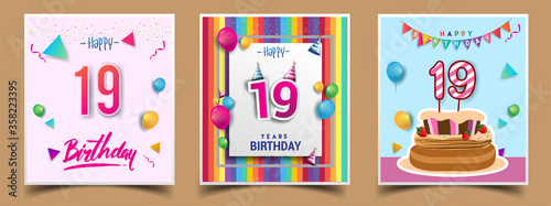 Vector Sets of 19th Years Birthday invitation, greeting card Design, with confetti and balloons, birthday cake, Colorful Vector template Elements for your Birthday Celebration Party.