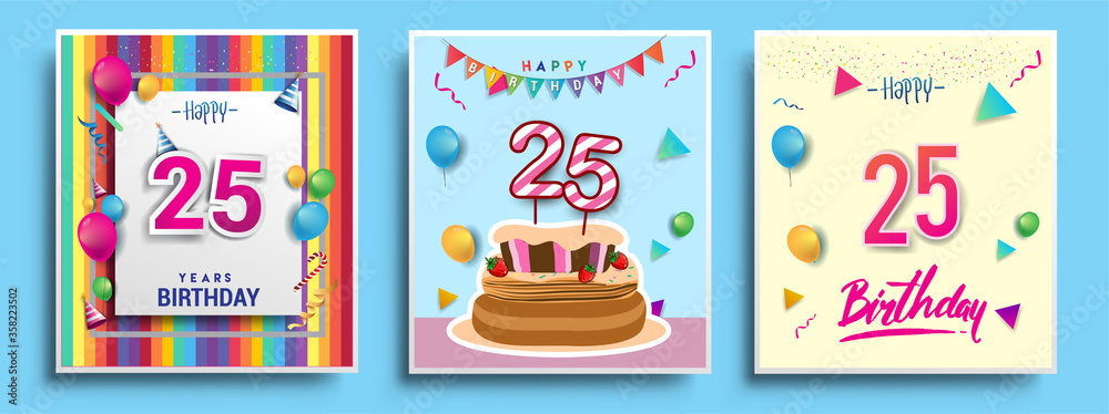 Vector Sets of 25th Years Birthday invitation, greeting card Design, with confetti and balloons, birthday cake, Colorful Vector template Elements for your Birthday Celebration Party.
