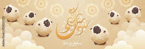 Eid Al Adha Mubarak greeting arabic holiday. Holy month muslim community template. Feast of sacrifice ram or sheep. Islam calligraphy invitation with clouds, pattern and flower. Vector illustration.