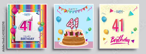 Vector Sets of 41st Years Birthday invitation, greeting card Design, with confetti and balloons, birthday cake, Colorful Vector template Elements for your Birthday Celebration Party.