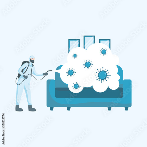 Man with protective suit spraying couch with covid 19 vector design