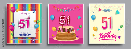 Vector Sets of 51st Years Birthday invitation, greeting card Design, with confetti and balloons, birthday cake, Colorful Vector template Elements for your Birthday Celebration Party.
