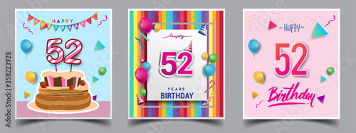 Vector Sets of 52nd Years Birthday invitation, greeting card Design, with confetti and balloons, birthday cake, Colorful Vector template Elements for your Birthday Celebration Party.