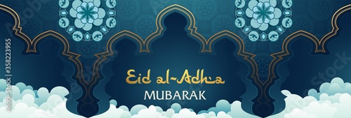 Eid Al Adha Mubarak greeting arabic holiday. Holy month muslim community template. Feast of sacrifice kurban bayram. Islam calligraphy invitation with clouds, pattern and arch. Vector illustration.