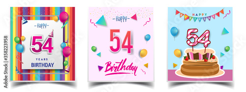 Vector Sets of 54th Years Birthday invitation, greeting card Design, with confetti and balloons, birthday cake, Colorful Vector template Elements for your Birthday Celebration Party.