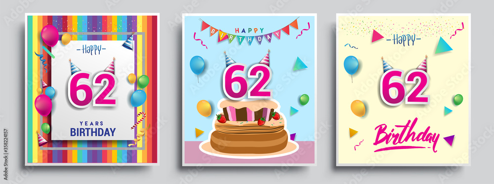 Vector Sets of 62nd Years Birthday invitation, greeting card Design, with confetti and balloons, birthday cake, Colorful Vector template Elements for your Birthday Celebration Party. Vector Sets of 62nd Years Birthday invitation, greeting card Design, with confetti and balloons, birthday cake, Colorful Vector template Elements for your Birthday Celebration Party.