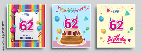 Vector Sets of 62nd Years Birthday invitation, greeting card Design, with confetti and balloons, birthday cake, Colorful Vector template Elements for your Birthday Celebration Party.