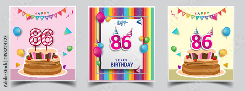 Vector Sets of 86th Years Birthday invitation, greeting card Design, with confetti and balloons, birthday cake, Colorful Vector template Elements for your Birthday Celebration Party.