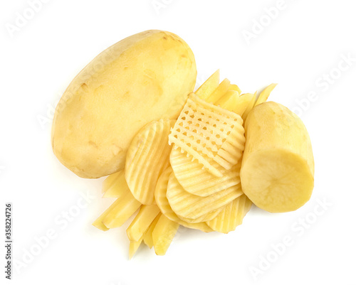 peeled stick potatoes isolated on white background