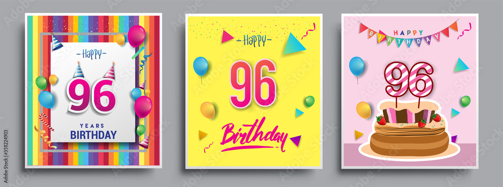 Vector Sets of 96th Years Birthday invitation, greeting card Design, with confetti and balloons, birthday cake, Colorful Vector template Elements for your Birthday Celebration Party. Vector Sets of 96th Years Birthday invitation, greeting card Design, with confetti and balloons, birthday cake, Colorful Vector template Elements for your Birthday Celebration Party.
