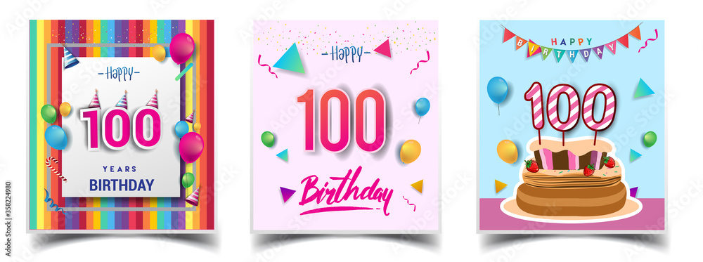 Vector Sets of 100th Years Birthday invitation, greeting card Design, with confetti and balloons, birthday cake, Colorful Vector template Elements for your Birthday Celebration Party. Vector Sets of 100th Years Birthday invitation, greeting card Design, with confetti and balloons, birthday cake, Colorful Vector template Elements for your Birthday Celebration Party.