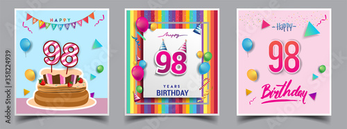 Vector Sets of 98th Years Birthday invitation, greeting card Design, with confetti and balloons, birthday cake, Colorful Vector template Elements for your Birthday Celebration Party.