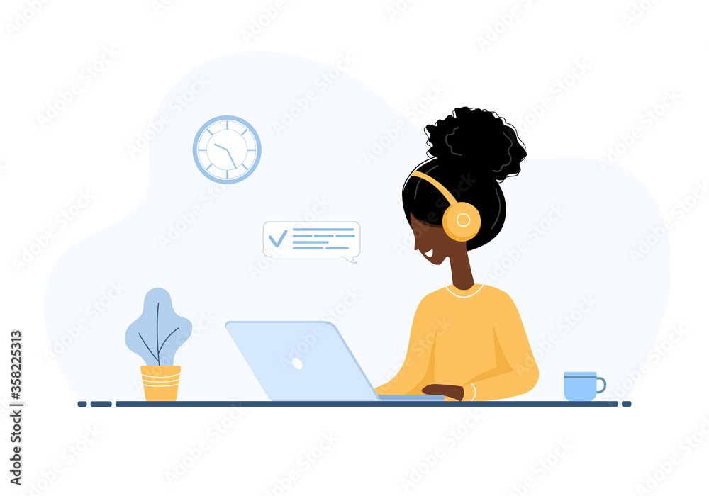 Women freelance. African girl in headphones with laptop sitting at a table. Concept illustration for working from home, studying, education, communication, healthy lifestyle. Vector in flat style. Women freelance. African girl in headphones with laptop sitting at a table. Concept illustration for working from home, studying, education, communication, healthy lifestyle. Vector in flat style.