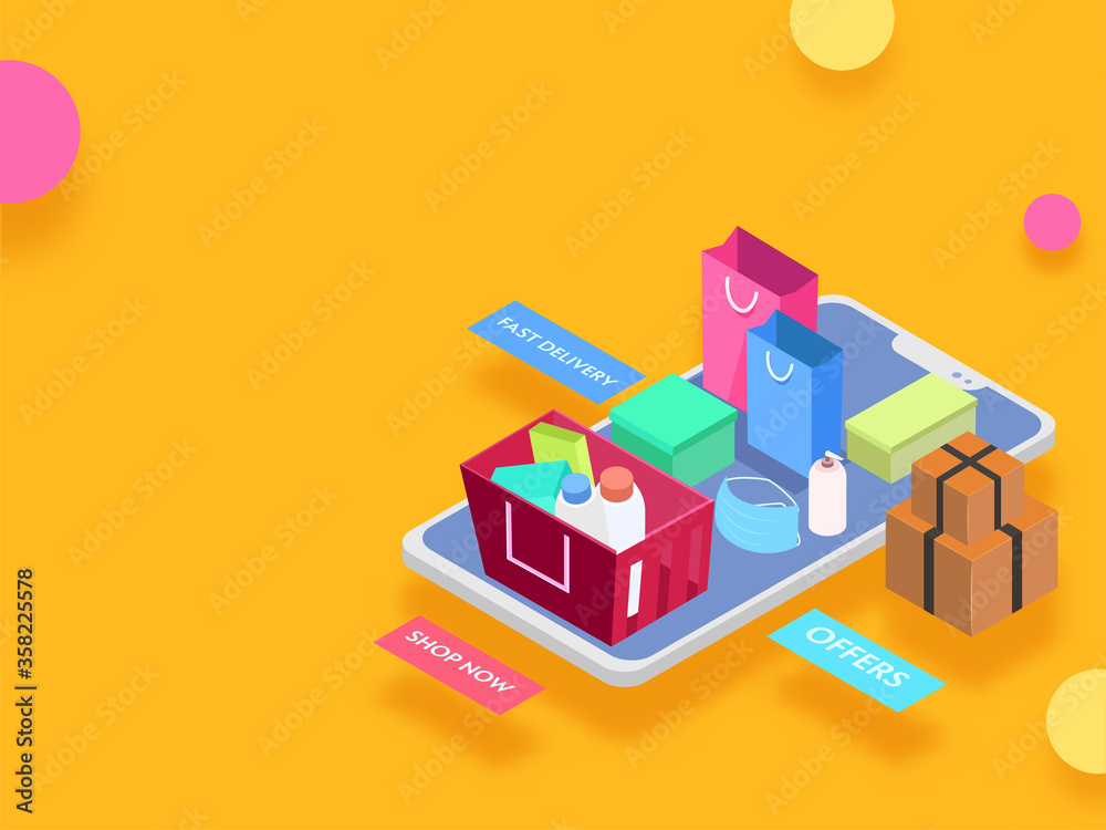 Isometric Illustration of Smartphone with Parcel Boxes, Carry Bag and Purchase Product in Basket for Online Shopping Concept.