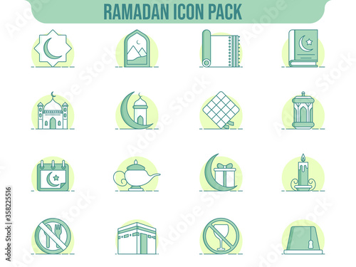 Set of Islamic Worship or Arabic Festival Ramadan Icons in Green and White color.
