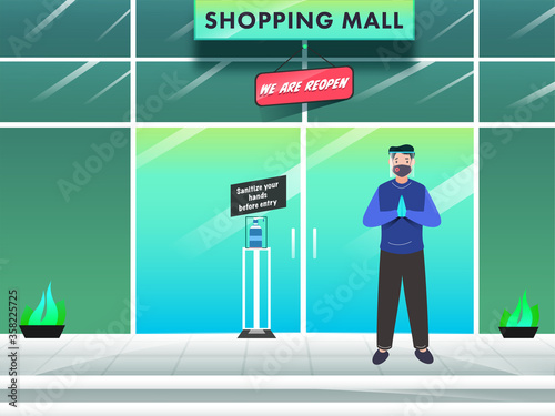 Cartoon Man wearing Protective Mask with Face Shield in Welcome Pose and Message Text of Sanitize Your Hands Before Entry inside Shopping Mall.