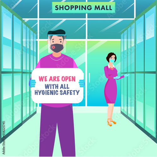 Cartoon Man wearing Protective Mask with Face Shield and "We Are Open With All Hygienic Safety" Message Board Hold and Modern Woman in Shopping Mall.