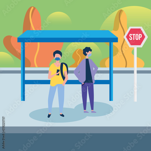 men with masks at bus stop vector design