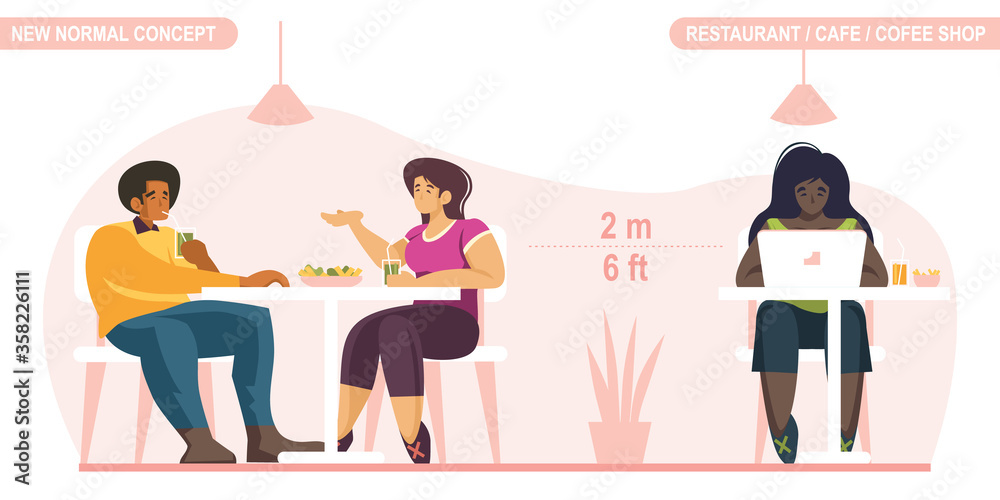New normal social distancing concept. People sitting on public restaurant, keeping distance to protect from COVID-19 Coronavirus. Scalable and editable vector illustration.
