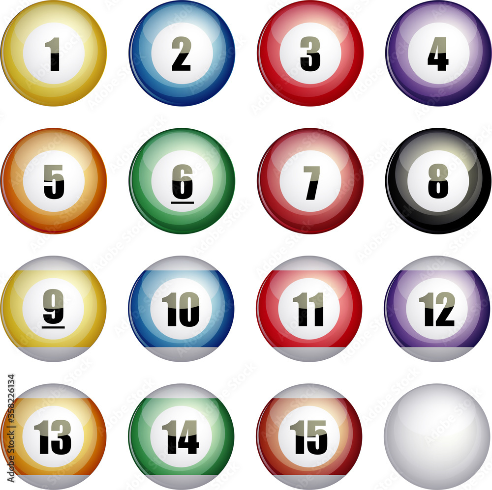 Set of Vector Pool Billiard balls icon. Realistic illustration for web design, logo, icon, app, UI. Isolated on white. Set of Vector Pool Billiard balls icon. Realistic illustration for web design, logo, icon, app, UI. Isolated on white.