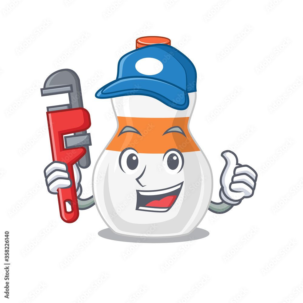 cartoon mascot design of body lotion as a Plumber with tool
