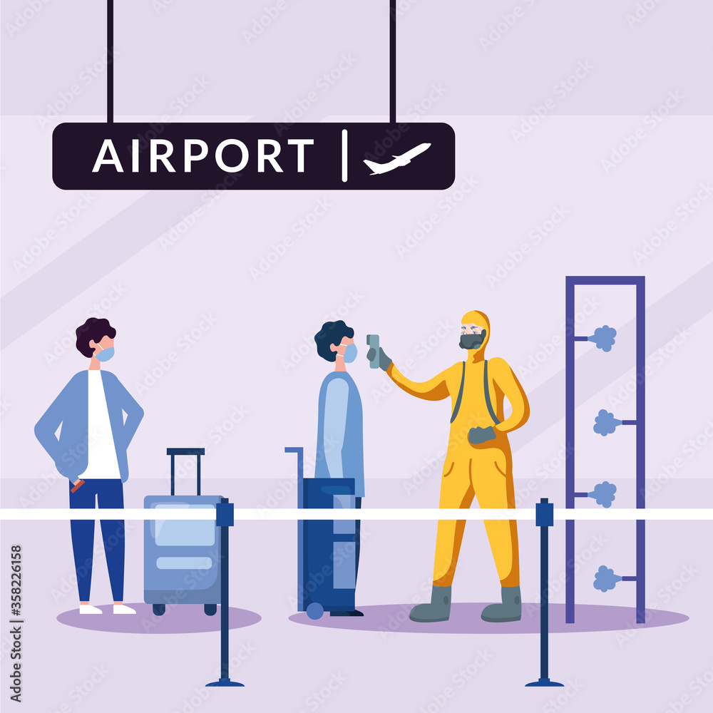 Hand holding thermometer gun checking man temperature at airport vector design Hand holding thermometer gun checking man temperature at airport vector design