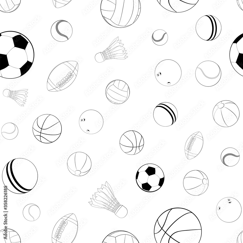 Vector seamless pattern with different Sports balls. Flat vector illustration for web design, logo, icon, app, UI