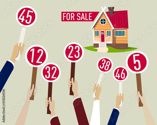 Real Estate Auction, Hands holding paddle with numbers, home for sale