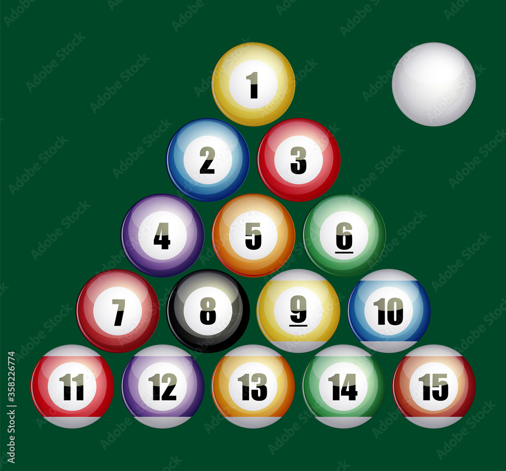 Set of Vector Pool Billiard balls icon. Realistic illustration for web design, logo, icon, app, UI. Isolated on white.