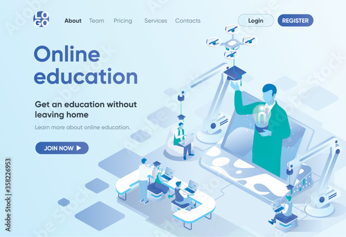 Online education isometric landing page. Distance learning, professional courses and skills development. Interactive study template for CMS and website builder. Isometry scene with people characters.