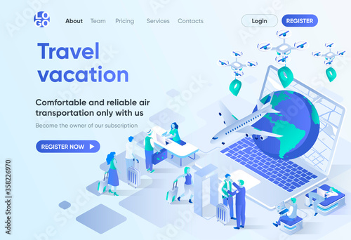 Travel vacation isometric landing page. Online booking service, comfortable air transportation and airport boarding. Travel agency template for CMS and website. Isometry scene with people characters.