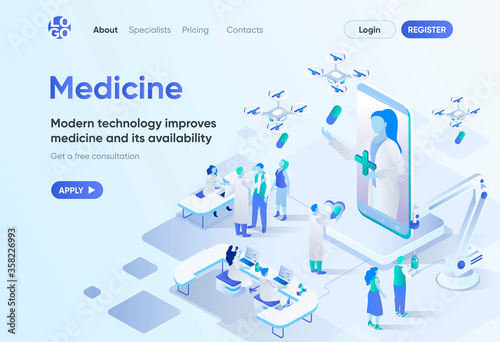 Modern medicine isometric landing page. Digital technologies in medical diagnosis and treatment. Online doctor consultation template for CMS and website builder. Isometry scene with people characters.