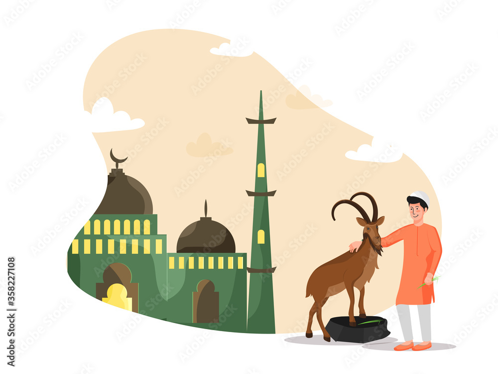 Muslim Young Boy holding a Brown Goat with Green Mosque on Peachy Yellow and White Background for Islamic Festival Celebration.