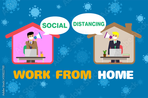 Businessman office people maintain social distancing. New normal at job working. covid-19 sign vector