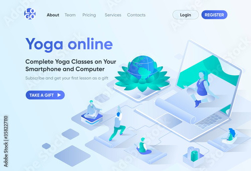 Yoga online isometric landing page. Distance training with instructor, exercising and meditating at home. Online yoga courses template for CMS and website. Isometry scene with people characters.