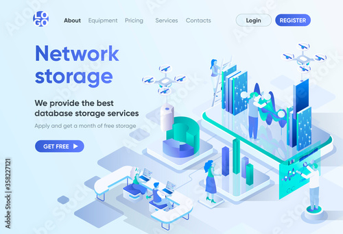 Network storage isometric landing page. Database storage service, modern hosting and backup technology. Data center template for CMS and website builder. Isometry scene with people characters.