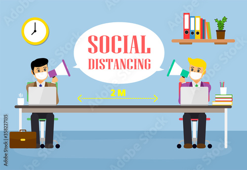 Businessman office people maintain social distancing. New normal at job working. covid-19 sign vector