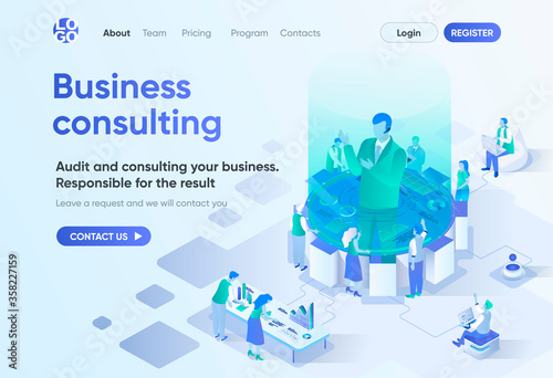 Business consulting isometric landing page. Competent expertise and assistance, professional audit. Business consultation template for CMS and website builder. Isometry scene with people characters.