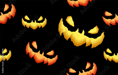 Seamless pattern with spooky and crazy pumpkins, monsters faces in the dark for Halloween design. 3D Realistic vector illustration. © Leonid