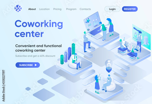 Coworking center isometric landing page. Business community teamwork, convenient and functional workspace. Coworking open area template for CMS and website. Isometry scene with people characters.
