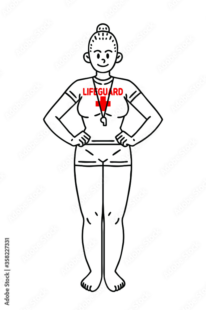 Woman lifeguard. Vector line art illustration. Woman lifeguard. Vector line art illustration.