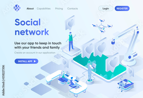Social network isometric landing page. Online communication with friends and family, social media content sharing. Messaging template for CMS and website builder. Isometry scene with people characters