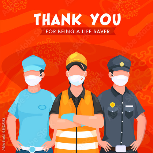 Thank You Police and Essential Workers for Being A Lifesaver on Red Background.