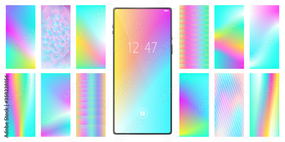 Smartphone wallpapers set. Holographic backgrounds. Rainbow pastel colors. Smartphone vector mockup.