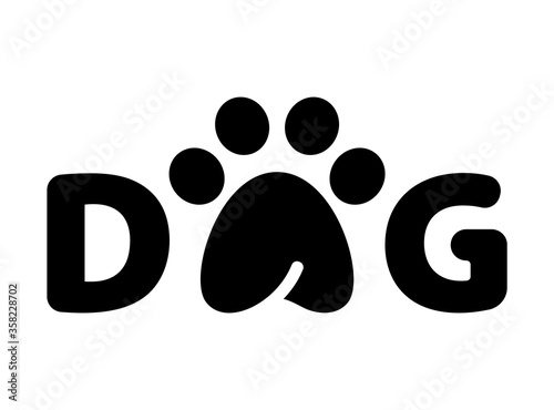 Cutout silhouette Title Dog with paw print instead of letter o. Outline wordmark text logo. Flat isolated vector illustration on white background. Lettering for veterinary clinic, pet shop, products