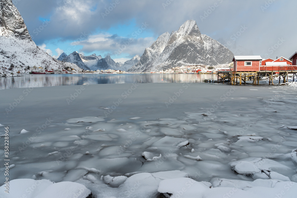 Beautiful landscape of Reine fishing village in winter season, Lofoten island in Nordland, Norway, Scandinavia